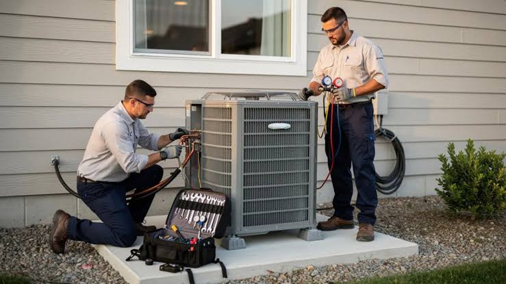 HVAC technicians repairing an outdoor AC condenser unit at a Sacramento home