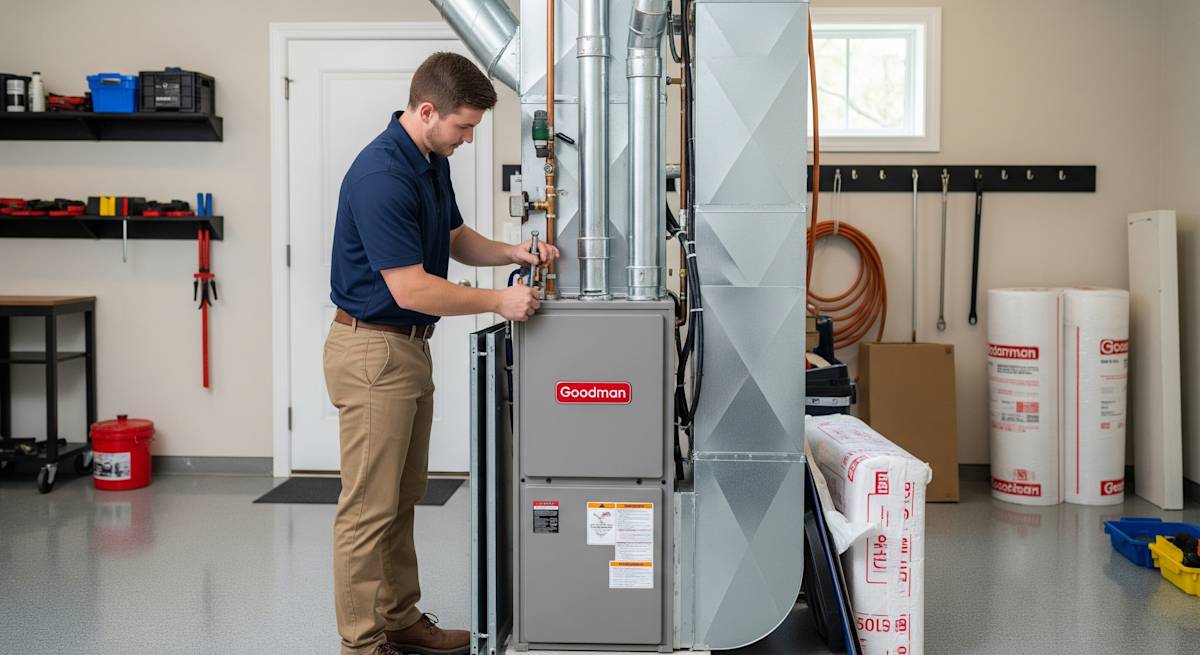 Technician servicing a gas furnace in a residential garage