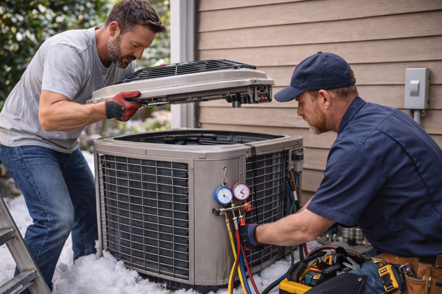 Two HVAC technicians installing an outdoor AC condenser unit at a home